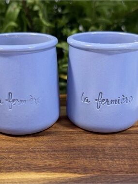 Matching Pair of Periwinkle Blue La Fermiere Terra Cotta Yogurt Pots- Set of 2